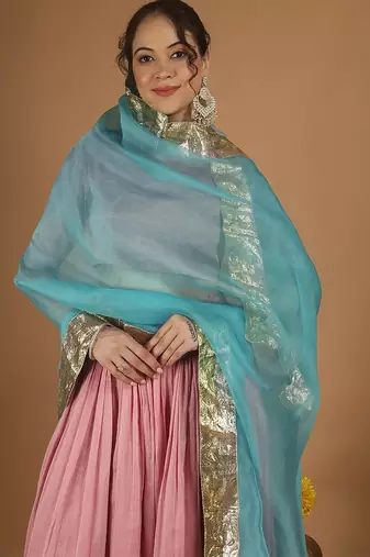 Light pink chanderi lehenga set with zari blouse & katan silk dupatta