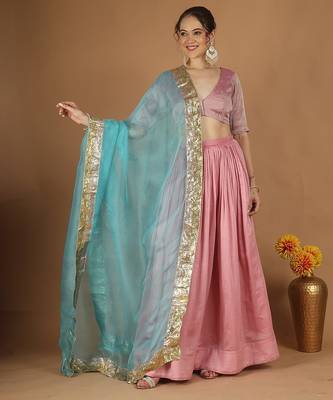 Light pink chanderi lehenga set with zari blouse & katan silk dupatta 1