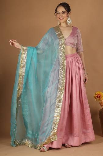 Light pink chanderi lehenga set with zari blouse & katan silk dupatta