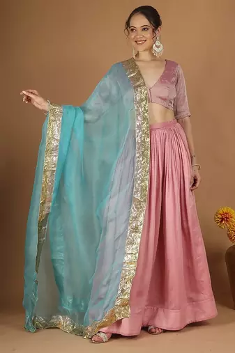 Light pink chanderi lehenga set with zari blouse & katan silk dupatta