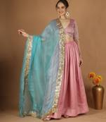 Light pink chanderi lehenga set with zari blouse & katan silk dupatta
