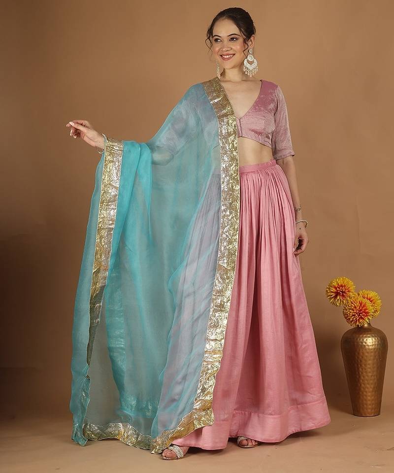 Light pink chanderi lehenga set with zari blouse & katan silk dupatta