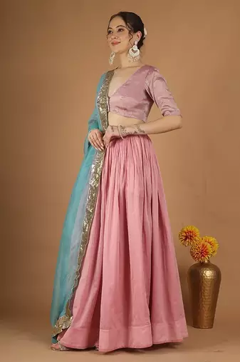 Light pink chanderi lehenga set with zari blouse & katan silk dupatta