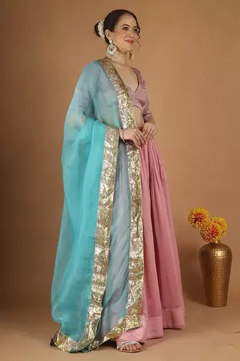 Light pink chanderi lehenga set with zari blouse & katan silk dupatta