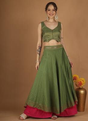 Olive green chanderi layered skirt set with hot pink katan silk dupatta 2