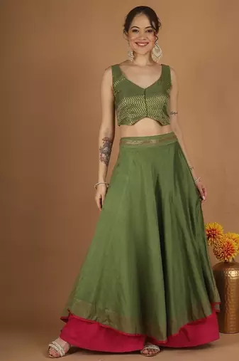 Olive green chanderi layered skirt set with hot pink katan silk dupatta