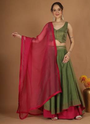 Olive green chanderi layered skirt set with hot pink katan silk dupatta 1