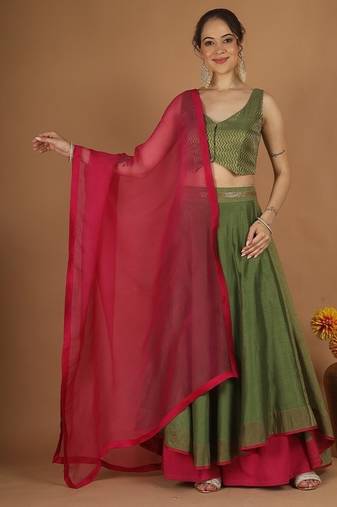 Olive green chanderi layered skirt set with hot pink katan silk dupatta
