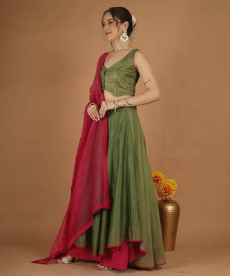 Olive green chanderi layered skirt set with hot pink katan silk dupatta 3