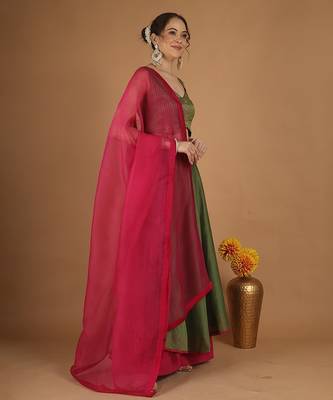 Olive green chanderi layered skirt set with hot pink katan silk dupatta 5
