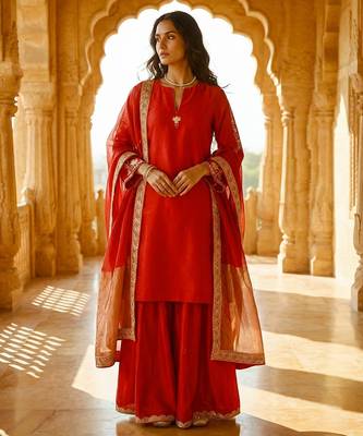 Embroidered chanderi short kurta & sharara with tissue dupatta 1