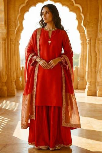 Embroidered chanderi short kurta & sharara with tissue dupatta
