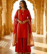 Embroidered chanderi short kurta & sharara with tissue dupatta