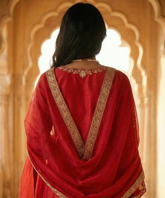 Embroidered chanderi short kurta & sharara with tissue dupatta 3