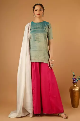 Aqua short kurta with hot pink palazzo and embroidered ivory chanderi dupatta