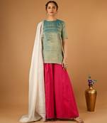 Aqua short kurta with hot pink palazzo and embroidered ivory chanderi dupatta
