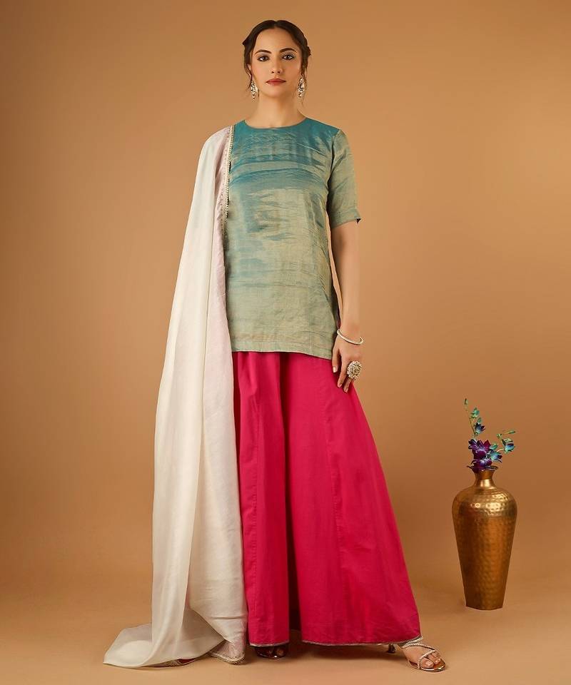 Aqua short kurta with hot pink palazzo and embroidered ivory chanderi dupatta