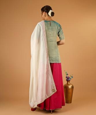 Aqua short kurta with hot pink palazzo and embroidered ivory chanderi dupatta 2