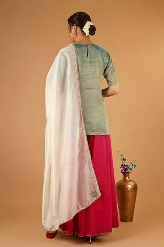 Aqua short kurta with hot pink palazzo and embroidered ivory chanderi dupatta