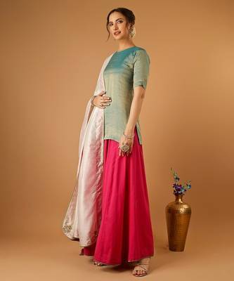 Aqua short kurta with hot pink palazzo and embroidered ivory chanderi dupatta 3