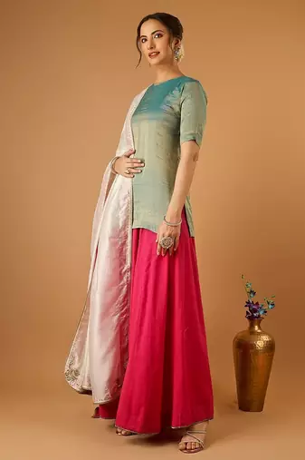 Aqua short kurta with hot pink palazzo and embroidered ivory chanderi dupatta