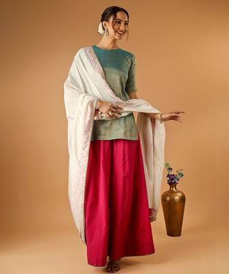 Aqua short kurta with hot pink palazzo and embroidered ivory chanderi dupatta 4