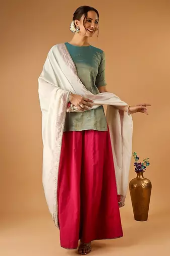 Aqua short kurta with hot pink palazzo and embroidered ivory chanderi dupatta