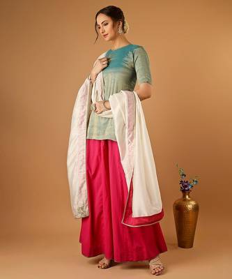 Aqua short kurta with hot pink palazzo and embroidered ivory chanderi dupatta 5