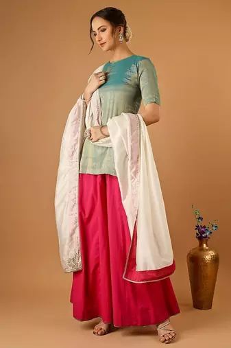 Aqua short kurta with hot pink palazzo and embroidered ivory chanderi dupatta