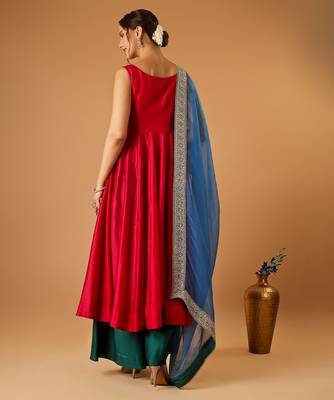 Hot pink corset anarkali with green palazzo & embroidered lace katan silk dupatta 2