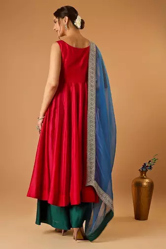 Hot pink corset anarkali with green palazzo & embroidered lace katan silk dupatta