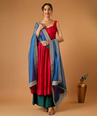 Hot pink corset anarkali with green palazzo & embroidered lace katan silk dupatta 1