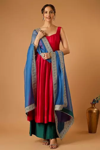 Hot pink corset anarkali with green palazzo & embroidered lace katan silk dupatta