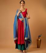 Hot pink corset anarkali with green palazzo & embroidered lace katan silk dupatta