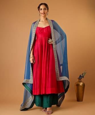 Hot pink corset anarkali with green palazzo & embroidered lace katan silk dupatta 4