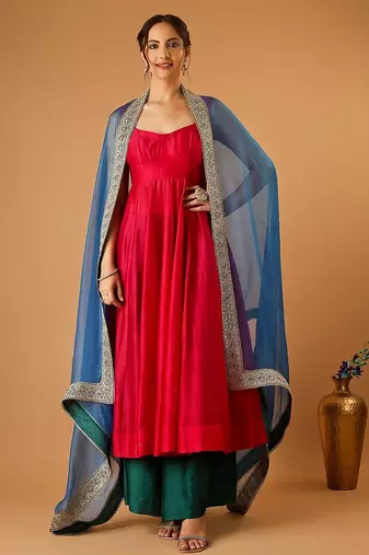 Hot pink corset anarkali with green palazzo & embroidered lace katan silk dupatta