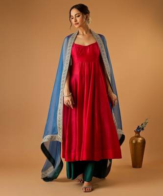 Hot pink corset anarkali with green palazzo & embroidered lace katan silk dupatta 5