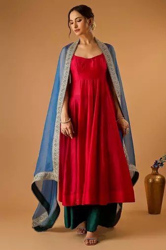 Hot pink corset anarkali with green palazzo & embroidered lace katan silk dupatta