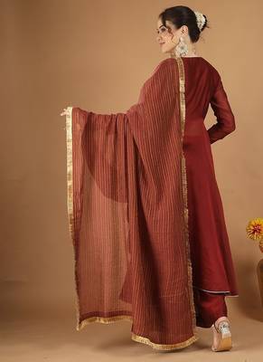 Maroon chanderi wrap anarkali set with zari striped dupatta 2