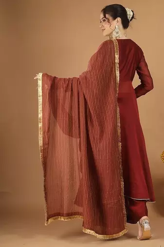 Maroon chanderi wrap anarkali set with zari striped dupatta