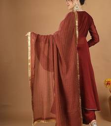 Maroon chanderi wrap anarkali set with zari striped dupatta