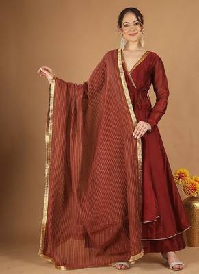 Maroon chanderi wrap anarkali set with zari striped dupatta 1
