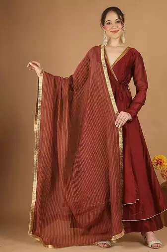 Maroon chanderi wrap anarkali set with zari striped dupatta