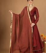 Maroon chanderi wrap anarkali set with zari striped dupatta