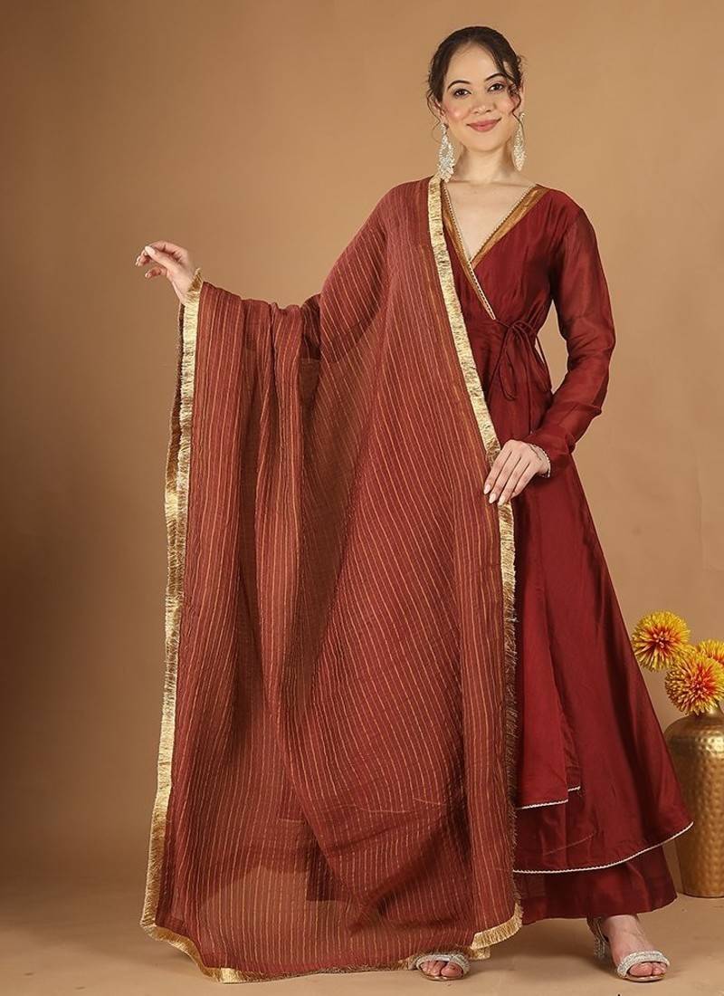 Maroon chanderi wrap anarkali set with zari striped dupatta