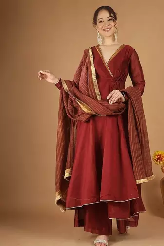 Maroon chanderi wrap anarkali set with zari striped dupatta