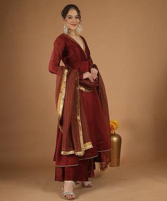 Maroon chanderi wrap anarkali set with zari striped dupatta 4