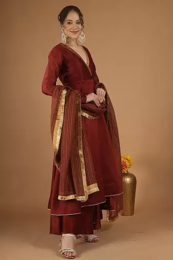 Maroon chanderi wrap anarkali set with zari striped dupatta