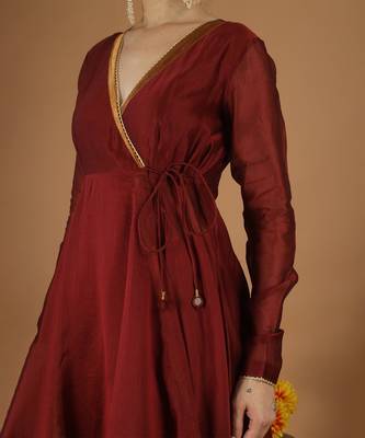 Maroon chanderi wrap anarkali set with zari striped dupatta 5