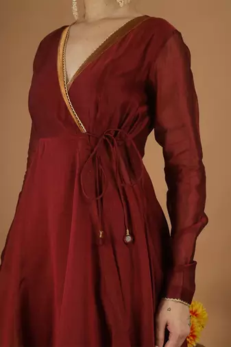 Maroon chanderi wrap anarkali set with zari striped dupatta